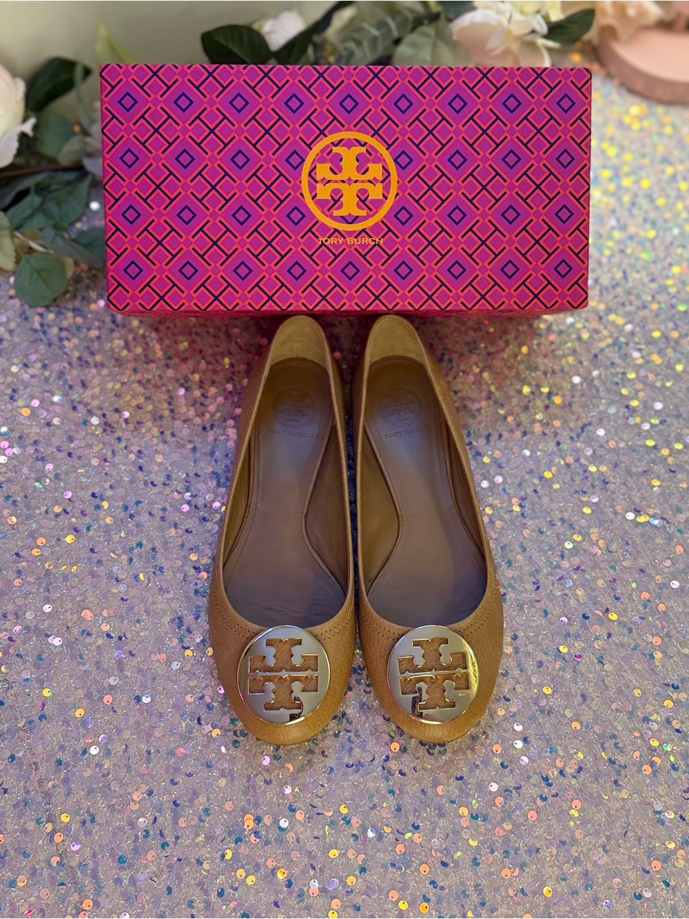 Tory Burch Reva Tumbled Leather Ballet Flats Royal Tan Gold - Size 8.5